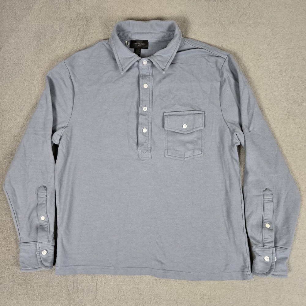 Magaschoni Shirt Mens Medium‎ Blue Pique Polo Long Sleeve Supima Cotton